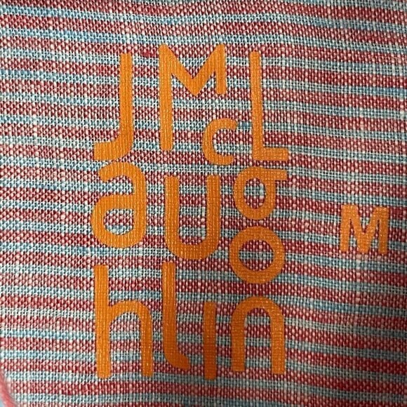 J McLaughlin Men's size M Linen Red Blue Striped Long Sleeve Button Up Shirt - Picture 7 of 7